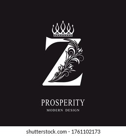 Elegant Capital letter Z. Graceful royal style. Calligraphic beautiful logo. Vintage floral drawn emblem for book design, brand name, business card, Restaurant, Boutique, Hotel. Vector illustration