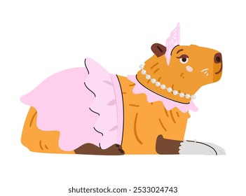 Elegante capibara en vestido de bola, guantes, tiara y cuentas de Ilustración vectorial plana aislado en blanco.