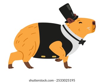 Elegant capybara in cylinder, bow tie and costunme walking flat vector illustration isolated on white.