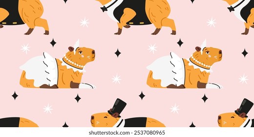 Elegant capybaras in dress and costume vector seamless pattern.