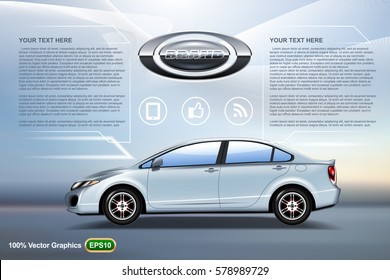 Elegant car sedan ads template mock up, on nice blue background and logo on. Template ready to be printed on any sizes. Reality 3D illustration image.