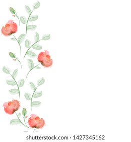 elegant card, background with place for text.  red flowers with leaves and buds. Imitation of watercolor, hand drawing, isolated on white background