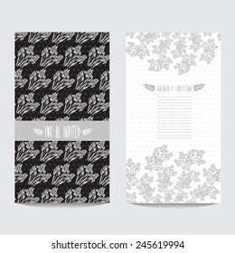 Elegant card in black silver colors with decorative iris, design element. Can be used for wedding, baby shower, mothers day, valentines day, birthday cards, invitations. Vintage decorative flowers