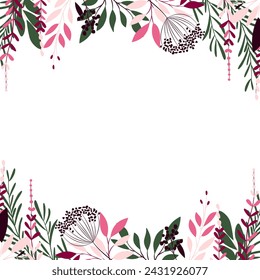 Elegant card with botanical decoration in shades of pink and green. Floral pattern with leaves and twigs. Vector illustration.
