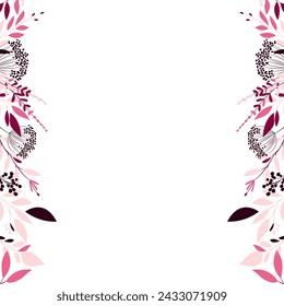 Elegant card with botanical decoration in shades of pink on a white background. Floral pattern with leaves and twigs. Vector illustration.