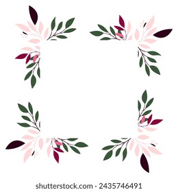 Elegant card with botanical decoration in shades of pink and green. Floral pattern with leaves and twigs. Vector illustration.