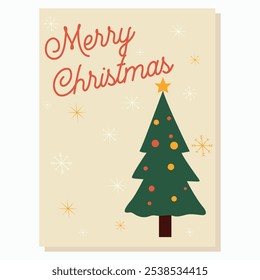 Cartão elegante com uma árvore de Natal e o texto Feliz Natal, cercado por flocos de neve em um fundo claro. Perfeito para enviar desejos de Ano Novo e espalhar alegria de férias.