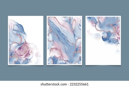 Elegant card design for birthday or wedding invitation. Modern watercolor background with abstract navy blue and dusty rose waves and rose gold splashes.