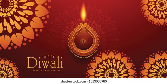 Elegant card design of traditional Indian festival Diwali with lamps background vector