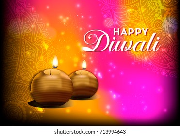 Elegant card design of traditional Indian festival Diwali with lamp. Beautiful greeting card for festival of diwali celebration.