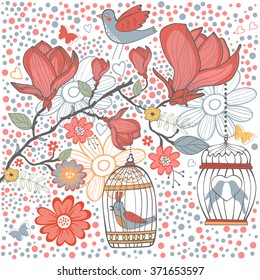 Elegant card with flowers bids and cages