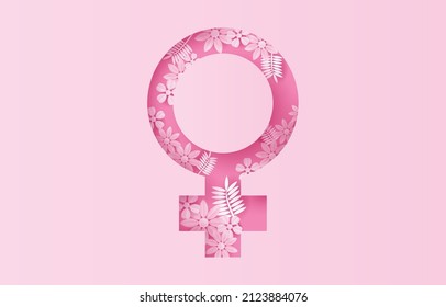 Elegant card for International Women's Day. Banner or flyer for March 8 with papercut of women's symbol and beautiful floral inside. Vector illustration.