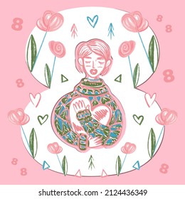 Elegant card for International Women's Day. Banner, flyer for March 8 with a paper-cut silhouette of a woman with flowers and a heart in her hands. Greeting card, Feminism concept. Vector illustration