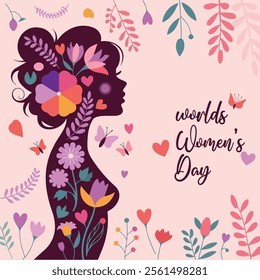 Elegant card for International Women`s Day. Banner, flyer for March 8 with papercut woman face silhouette with flowers and wishing happy holiday. Congratulating placard for brochures.