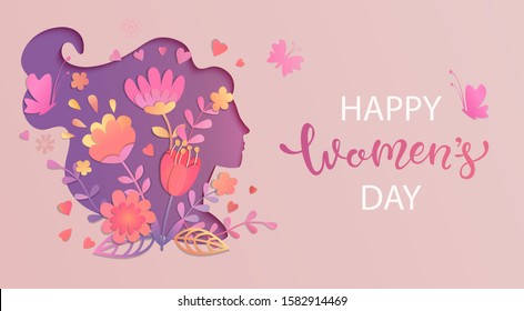 Elegant card for International Women's Day.Banner, flyer for March 8 with papercut woman face silhouette with flowers and wishing happy holiday.Congratulating placard for brochures.Vector illustration