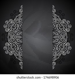 Elegant card or invitation template with light lace-like curly round pattern on black background and place for text in the center.