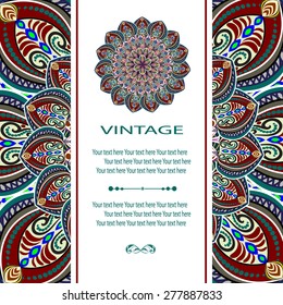 Elegant card with lace ornament and place for text on background with seamless pattern. Vintage style. Wedding invitation. Vector mandala.