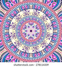 Elegant card with lace ornament and place for text on background with seamless pattern. Vintage style. Wedding invitation. Vector mandala.
