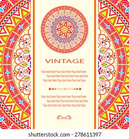 Elegant card with lace ornament and place for text on background with seamless pattern. Vintage style. Wedding invitation. Vector mandala.