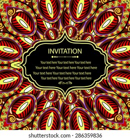 Elegant card with lace ornament and place for text on background with seamless pattern. Vintage style. Wedding invitation. Vector mandala.