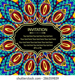 Elegant card with lace ornament and place for text on background with seamless pattern. Vintage style. Wedding invitation. Vector mandala.