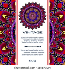 Elegant card with lace ornament and place for text on background with seamless pattern. Vintage style. Wedding invitation. Vector mandala.