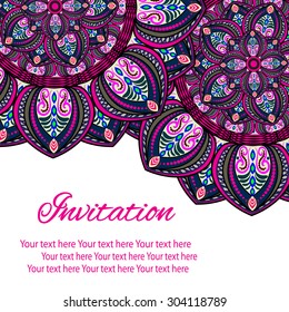 Elegant card with lace ornament and place for text on background with seamless pattern. Vintage style. Wedding invitation. Vector mandala.