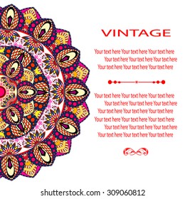 Elegant card with lace ornament and place for text on background with seamless pattern. Vintage style. Wedding invitation. Vector mandala.