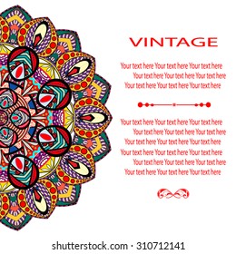 Elegant card with lace ornament and place for text on background with seamless pattern. Vintage style. Wedding invitation. Vector mandala.