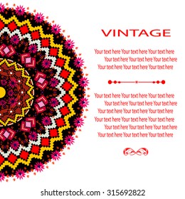 Elegant card with lace ornament and place for text on background with seamless pattern. Vintage style. Wedding invitation. Vector mandala.