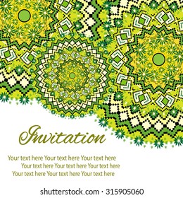 Elegant card with lace ornament and place for text on background with seamless pattern. Vintage style. Wedding invitation. Vector mandala.