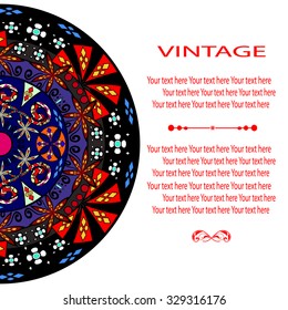Elegant card with lace ornament and place for text on background with seamless pattern. Vintage style. Wedding invitation. Vector mandala.