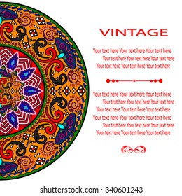 Elegant card with lace ornament and place for text on background with seamless pattern. Vintage style. Wedding invitation. Vector mandala.