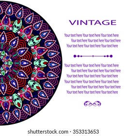 Elegant card with lace ornament and place for text on background with seamless pattern. Vintage style. Wedding invitation. Vector mandala.