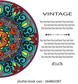 Elegant card with lace ornament and place for text on background with seamless pattern. Vintage style. Wedding invitation. Vector mandala.