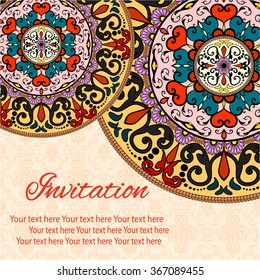 Elegant card with lace ornament and place for text on background with seamless pattern. Vintage style. Wedding invitation. Vector mandala.