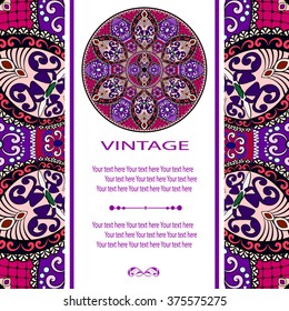 Elegant card with lace ornament and place for text on background with seamless pattern. Vintage style. Wedding invitation. Vector mandala.