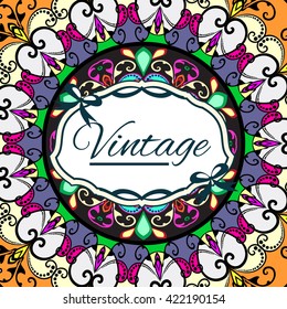 Elegant card with lace ornament and place for text on background with seamless pattern. Vintage style. Wedding invitation. Vector mandala.