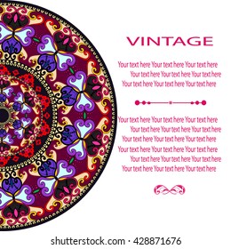 Elegant card with lace ornament and place for text on background with seamless pattern. Vintage style. Wedding invitation. Vector mandala.