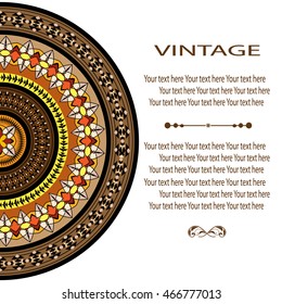 Elegant card with lace ornament and place for text on background with seamless pattern. Vintage style. Wedding invitation. Vector mandala.