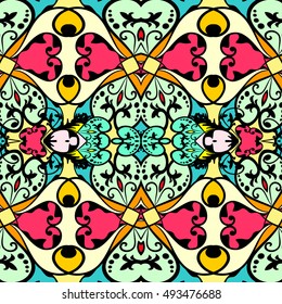 Elegant card with lace ornament and place for text on background with seamless pattern. Vintage style. Wedding invitation. Vector mandala.