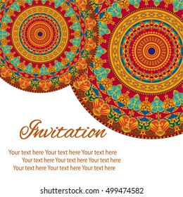 Elegant card with lace ornament and place for text on background with seamless pattern. Vintage style. Wedding invitation. Vector mandala.