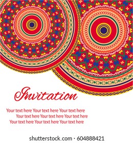 Elegant card with lace ornament and place for text on background with seamless pattern. Vintage style. Wedding invitation. Vector mandala.