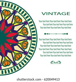 Elegant card with lace ornament and place for text on background with seamless pattern. Vintage style. Wedding invitation. Vector mandala.