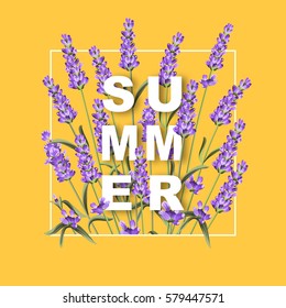 Elegant card with lavender flowers. The lavender rectangle frame and text Summer. Lavender border for your text presentation. Vector illustration.