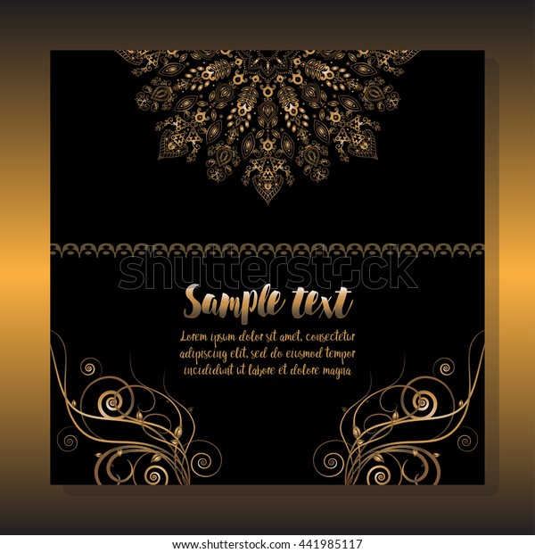 Elegant card of old fairy tail flyer pages with\
golden ornament illustration concept. Vintage art traditional,\
Islam, arabic, indian, elements. Vector royal retro greeting card\
or invitation design.