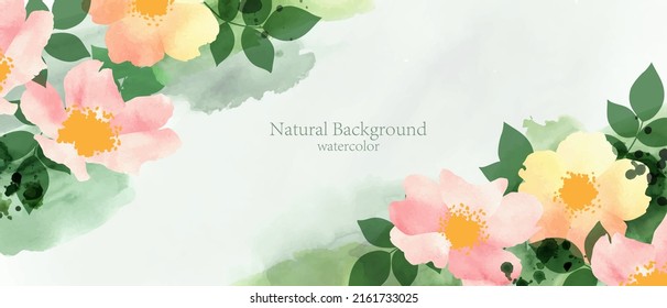 Elegant card in pink, yellow,white, beige golden colors. Watercolor spots, rose hips, flowers, splatters. Wedding invitation, cover, packaging, place for text, frame design.