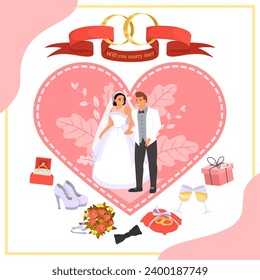 Elegant with card with proposal text will you marry me design. Wedding rings, traditional festive decor and romantic party accessories, bride and groom wearing elegant clothing vector illustration