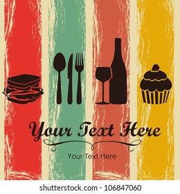 Elegant card for restaurant menu, with spoon, knife, fork, sandwich, dessert, and wine vector illustration