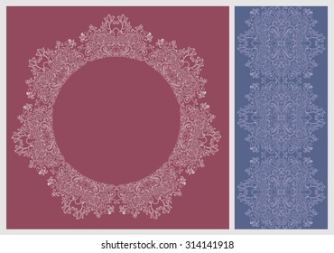 Elegant card with seamless floral lace border and a round frame